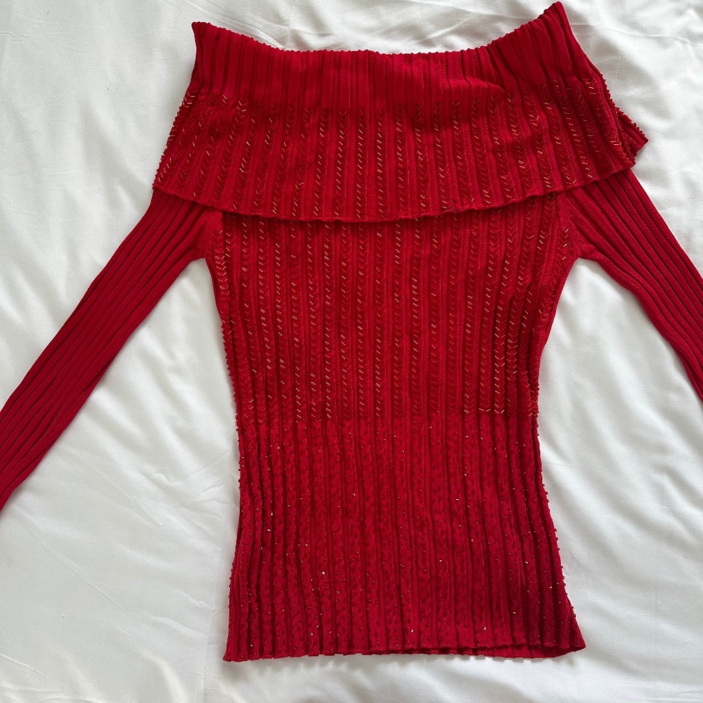 Long sleeve off the shoulder red beaded sweater